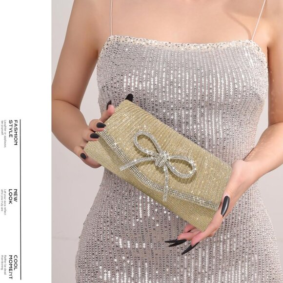 Sparkly Bow Evening Clutch Bag Rhinestone Dressy Purses for Weddings Prom - Picture 6 of 8